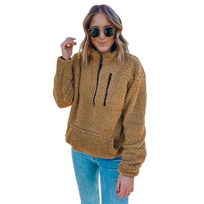 中国 Custom Wholesale Brown Anti-wrinkle Long Sleeve Quarter Zipper Teddy Sweatshirt Women 販売のため