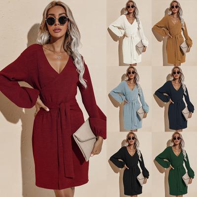 Chine Anti-static Winter Short Skirt V-Neck Tie Solid Color Long Sleeve Casual Dress à vendre