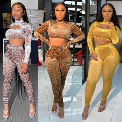 China QUICK DRY Women High Neck Long Sleeve Top Straight Leg Pants Printed Two Piece Set With Finger Cut Blouse And Chest for sale