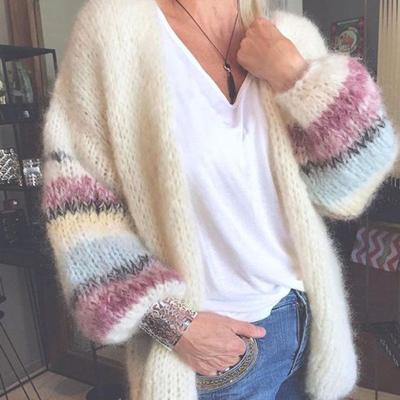 China Anti-Wrinkle Autumn Winter Amazon Sweater Mohair Casual Striped Cardigan Knitted Sweater for sale