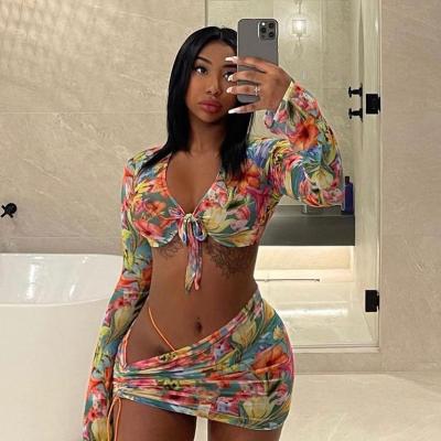 China Anti-Static Sexy Women Mesh Sheer Club Birthday Outfits Beach Holiday Summer Matching Clothes Crop Top Skirt Two Piece Sets for sale