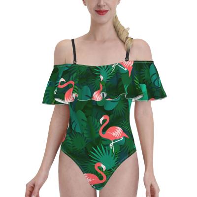 China Hot Selling Removable Padded Women's One Piece Swimsuit Off Shoulder Ruffle Bathing Suit Ruffle Swimwear for sale