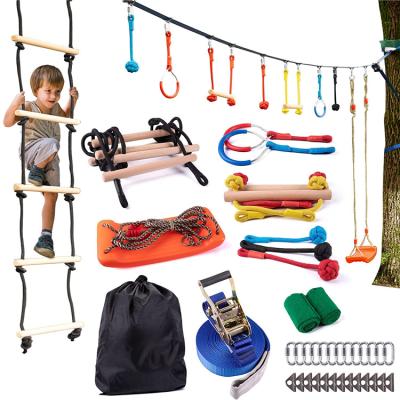 China Swing Ladder Ninja Wheel Monkey Bars Ninja Slackline With 10 Accessories Upright Ninja Net Warrior Obstacle Course For Kids OEM for sale