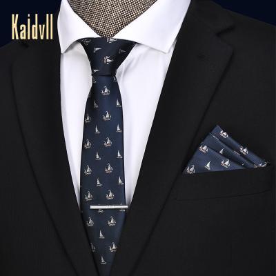 China Kaidvll 7cm Fashionable Blue Color Jacquard Woven Ties Pocket Square Tie Clips Different Exquisite Embroidery Men's Tie Set For Men's Gift for sale