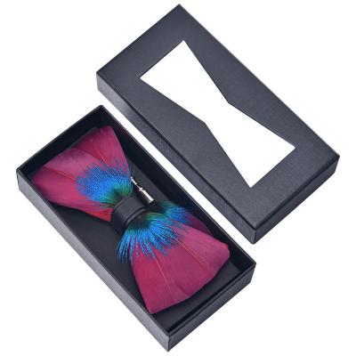 China Handmade Adjustable Feather Style Ribbon Boy Gentleman Pre-Tied Bow Tie Sets With Brooches Gift Boxes Feather Bow Tie for sale