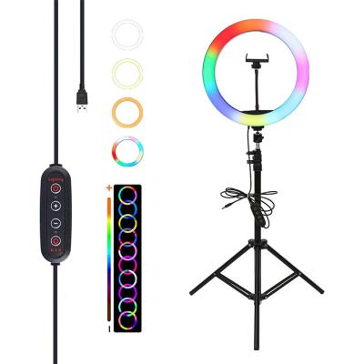 China PORTABLE 10 inch RGB ring fill light with tripod stand for make up video live tiktok youtube remote controller lamp led selfie light for sale