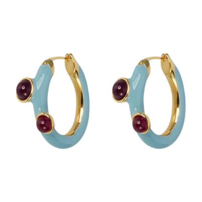 China TRENDY New simple fashional personality trendy latest design ear buckle red crystal beads cyan circle enamel geometric huggie earring for sale