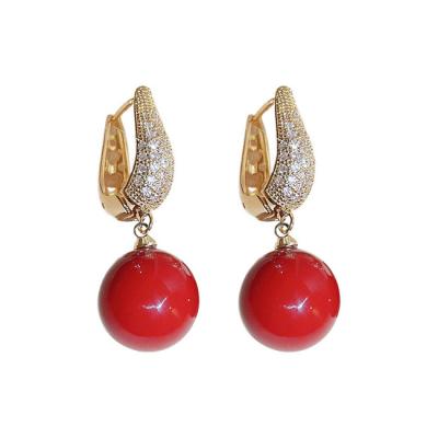 China TRENDY French vintage elegant creative designer copper gold electroplated zircon drop red white pearl U-shape ear buckle earrings for sale