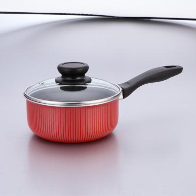 China Sustainable Aluminiun Fire Silk Screen Printing Non-Stick Sauce Pan With Bakelite Handle And Glass Lid for sale