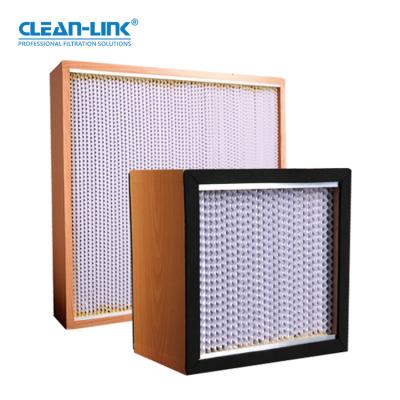 China Hospital H13 H14 Fiberglass Filter Panel Ducted Hepa Filter Wooden Frame Deep Pleat Hepa Air Filter for sale