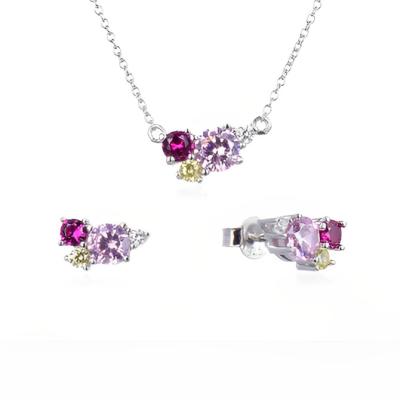 China Popular High Quality Women Fashion Jewelry Sets Red Corundum And Pink And Yellow Zirconia Wedding 925 Silver Jewelry Set for sale