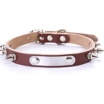 China Hot Sale Leather Stocked Spike Cow Hide Pet Collar Anti Bite With Alloy Name Tag Cat Dog Collar Pet Lead for sale