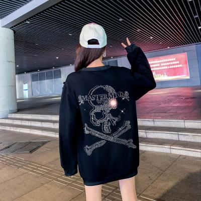 China Breathable Hot Selling Designer Inspired Black Cotton Skull Pattern Girls Hoodie With Rhinestones Oversized Custom Teen Clothes for sale