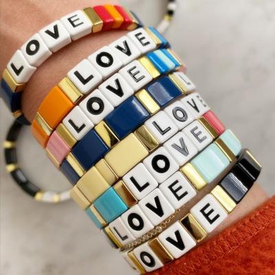 China 2020 Hot Sales Factory Wholesale Women Handmade Customized Bohemia LOVE Enamel Tile Stackable Bracelet for sale