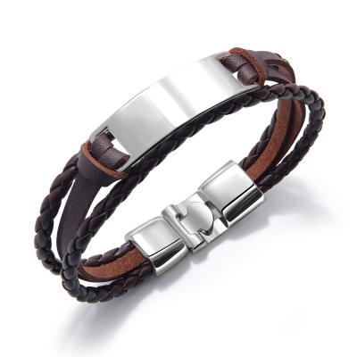 China 2020 Hot Fashion Alloy Clasp Bracelet Custom Sale Message Personalized Multilayer Braided Bar Leather Bracelet Wristband for sale