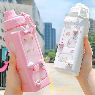 China Kawaii Viable Bear Pastel Water Bottle With 3D Sticker 700ml/900ml Travel Tea Juice Milk Portable Cute Shaker Plastic Drink Bottle Gift for sale