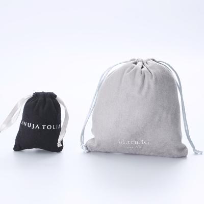 China Beautiful Luxury High End Customized Logo Drawstring Suede Gift Bag Black Gray Color Jewelry Customized Size for sale