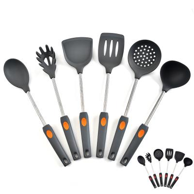 China 2021 Viable HOT SALE OEM Black 6 Pcs Gray Multifunctional Silicone Kitchen Utensils Set With Stainless Steel Handle for sale