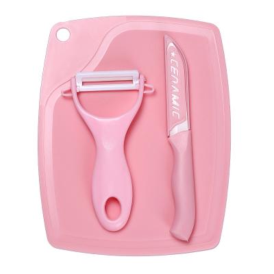 China Viable Hot Sale Pink Portable Travel Camping 3 Pieces Set Ceramic Kitchen Knife Fruit Cutting Board Peeler for sale