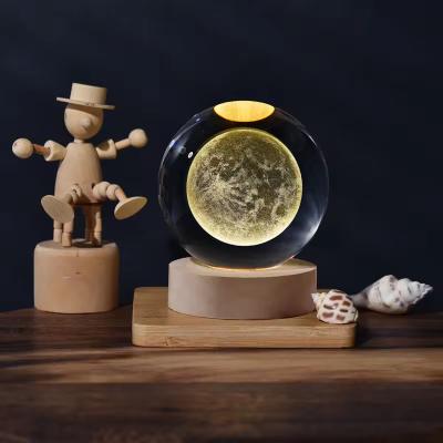 China 6cm 3D Art Crystal Ball Night Light Birthday Gift Night Light Wooden Light Base Table Lamp Decoration for sale