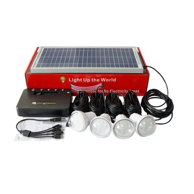 China Home Portable Green Power Mini Solar Lighting System with 4 LED Bulbs and Phone Chargers for sale