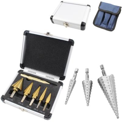 China Metal Drilling 6 Pcs HSS Straight Flute Step Drill Machine With Tracking Drill Bit Set Aluminum Box Packing for sale