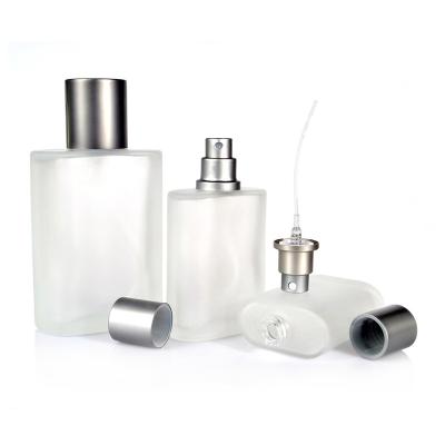 China Hot Sale 30ml 50ml 100ml Square Shape Personal Care Frosted Glass Perfume Bottle With Silver Gray Spray Pump for sale