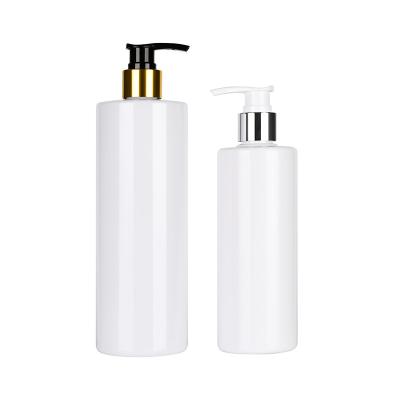 China Colorful cosmetic PET round flat shoulders plastic bottle 100ml 150ml 200ml 250ml 500ml with silver gold lotion pump dispenser for sale