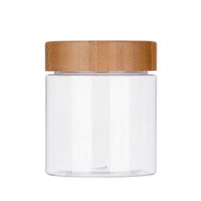 China Cosmetic Body Scrub Cosmetic Container 50g 100g 150g 200g 250g Frosted Amber Clear PET Plastic Jar With Bamboo Cap for sale