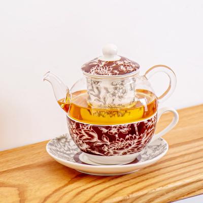 China Flower Design Stackable Glass Teapot Cup And Saucer Infuser Set For Mother'S Day for sale