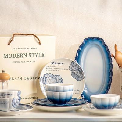 China Design Ceramic Blue Plate Porcelain Dinner Set Plates And Bowls Gradient For Presents for sale