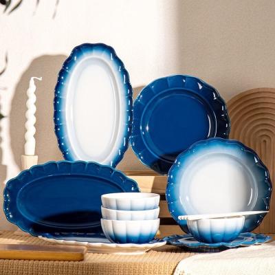 China 2024 Floral Ceramic Dining Plate Set Tableware Porcelain Blue Stoneware Dinnerware Set for sale