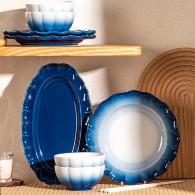 China Gradient Blue And White Dinnerware Set Ceramic Floral Bone Tableware For Mother'S Day for sale