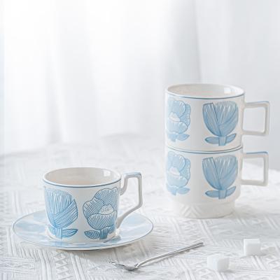 China Sustainable Business Gifts European Ceramic Floral Tea Cups And Saucers Set 200ml 300ml for sale