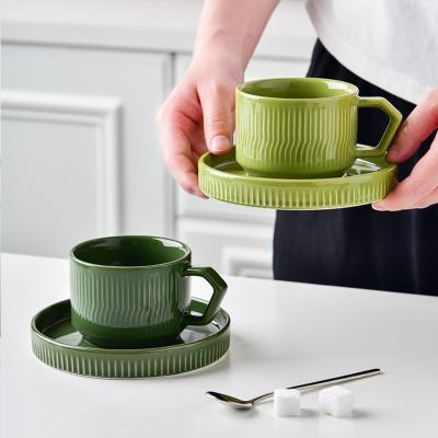 China 200ml Green Ceramic Teacup Classic Design Style Ceramic Cup & Saucer Set Enjoy Afternoon Tea Time for sale