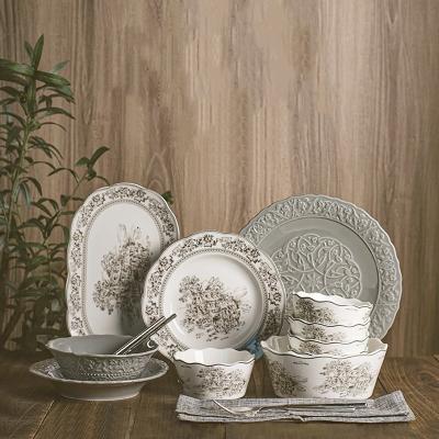 China Plant Pattern Dinnerware Sets Luxury Porcelain Dinner Set For 12 People In Europe Style for sale