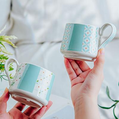 China Simple Blue Ceramic Cup And Saucer Set For Cappuccino Or Tea In Europe Design for sale