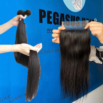 China Silky Straight Brazilian Hair 3 Bundles With 5*5 HD Lace Frontal Natural Color Original Virgin Wholesale Swiss Straight Closure for sale