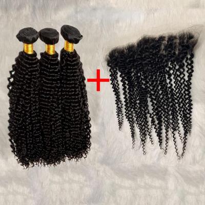 China Unprocessed Curly Curl Hair Bundles With HD Lace Frontal Brazilian Kinky Curly Wave Hair 3 Bundles With 13*4 Swiss Remy Lace Closure for sale