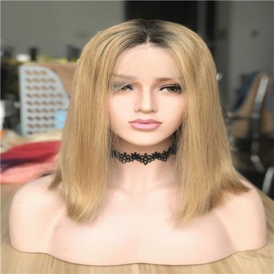 China Bob wig cuticle aligned hair 13*4 lace front wig ombre color lace wig 1b/honey lead blonde wig with natural hairline 1b/#27 for sale