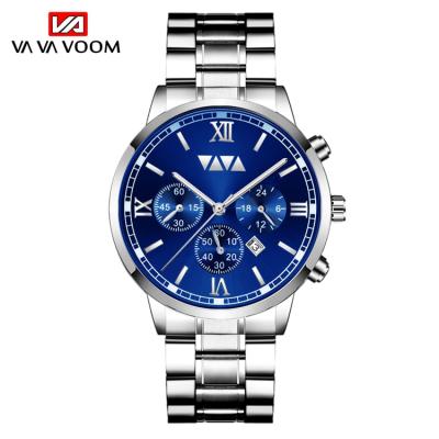 China Hot VA VA VOOM 2142 Day/Date Mens Quartz Wrist Watch Analog Blue Dial Silver Stainless Steel Make Your Own Watch Brand for sale