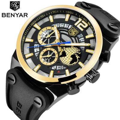 China Day/date BENYAR BY 5141 top brand men's watches sport quartz watch fashion silicone watches analog male waterproof clock for sale