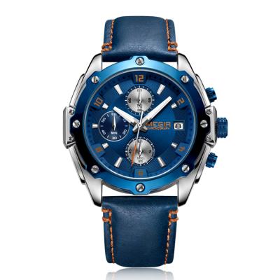 China 2074 Men's Business Military Chronograph Day/Date MEGIR Quartz Clock Blue Leather Army Mens Wristwatches for sale