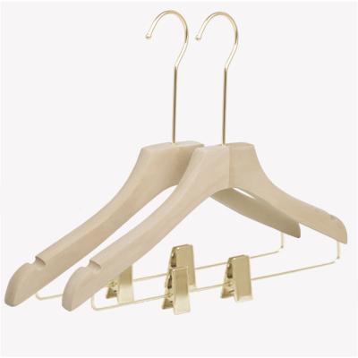 China Behind Doors/On Walls Rated Supplier Jinseng Custom Brand Natural Wood Suit Hanger With Gold Clips for sale