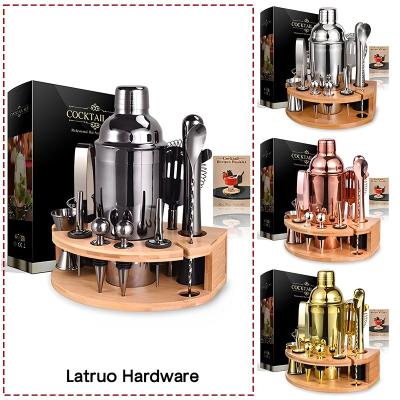 China Latrou- Factory Stock 12pcs Viable Success Stainless Steel Cocktail Shaker Set With Stand Black Bamboo Shaker Cocktail for sale