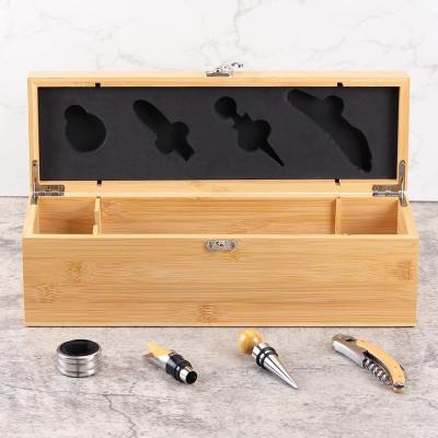 China Viable Custom Logo Luxury Black Red Bamboo Wooden Wine Box With Handle 4 Wine Accessories Set Tools Gift Set for sale