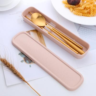 China Sustainable Portable Travel Use 18/8 Covered Stainless Steel Spoon Chopsticks Set With Wheat Box For Camping for sale