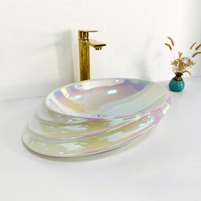 China 2022 New Design Modern Unique Iridescent Color Countertop Color Sanitary Ware Vessel Sink Hand Basin Bathroom Ceramic Sink for sale