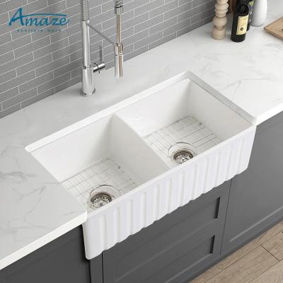 China American Modern Without Faucet UPC Porcelain Basin Farmhouse Under Mount Double Bowl Ceramic Kitchen Sink For Kitchen for sale