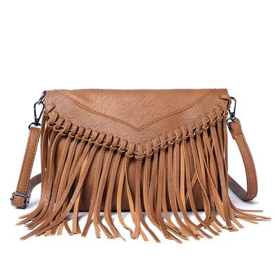 China Fashion Vegan Women Vintage Tassel Fringe Leather Handbags 2023 Bohemia Style Flap Casual Messenger Bags Daily Shoulder Messenger Bags Daily Shoulder for sale